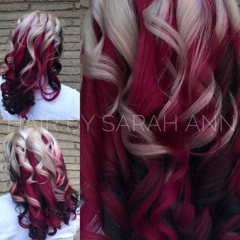 Valentine's Day Hair Color, Hair Color Unique Highlights, Silver And Red Hair, Purple Hair With Blonde Highlights, Subtle Blonde Balayage, Burgundy Blonde Hair, Red And Blonde Hair Color, Red And Blonde Hair, Exotic Hair Color