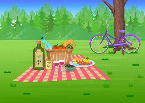 Picnic food on grass in park cartoon ill... | Free Vector #Freepik #freevector #food #tree #party #summer Picnic Cartoon, Outdoor Picnic Food, Food Tree, Forest Cartoon, Picnic Spot, Forest Illustration, Straw Basket, Free Cartoons, Picnic Food