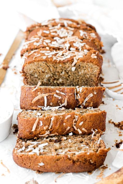 Banana Bread With Coconut, Ginger Loaf Cake, Macro Foods, Banana Puree, Banana Protein Muffins, Bread Recipe Ideas, Protein Banana Bread, Coconut Banana Bread, Milk Banana