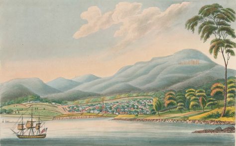 View of Hobart Town, Van Diemens Land - October 1, 1824 - Showing Military Barracks, Hospital and Government House Military Barracks, Van Diemen's Land, Australia Capital, Early Explorers, John Davis, Australian Painting, Australia Itinerary, Colonial Art, Australia History