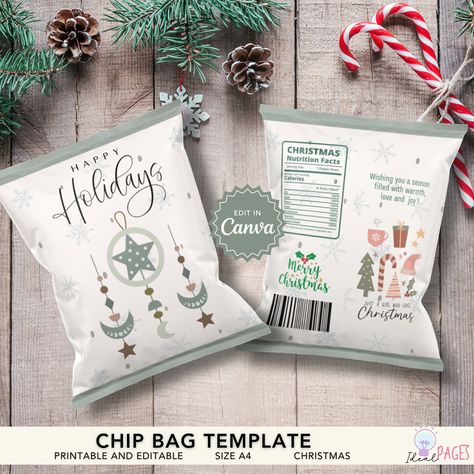 Christmas Chip Bags, Christmas Party Favors, Favor Bags, Goodie Bags, Kid's Loot Bags, Christmas Gifts, Christmas Wrapping, Boho Christmas Perfect for DIY Christmas party favors or gifts, this template allows you to create personalized Christmas-themed chip bags.  Simply download the template, customize it with your own messages, print and assemble for a fun and festive touch to your celebrations. YOU WILL GET THE FOLLOWING :  1 Chip bag template (A4) *You can request for US Letter Size DOWNLOAD Christmas Chip Bags, Christmas Favors Diy, Christmas Favor Bags, Printable Christmas Decorations, Christmas Goodie Bags, Christmas Candy Bag, Christmas Treat Bags, Bohemian Christmas, Bag Template