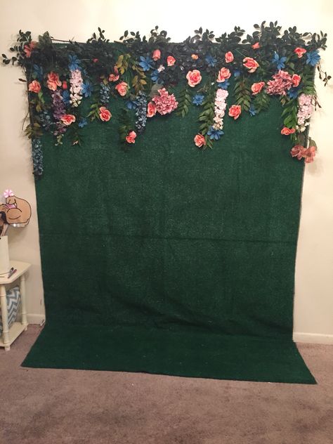 This was a photo booth backdrop I made using green turf, fake flowers and real branches from a bush outside. The real leaves were great for fillers. I used clear tape to pin up everything and thumb tacks to hold up the green turf to the wall. Grass Backdrops, Easter Backdrops, Art Nouveau Furniture, Fake Grass, Craft Fair Displays, Beauty Salon Decor, Clear Tape, Kentucky Derby Party, Green Backdrops