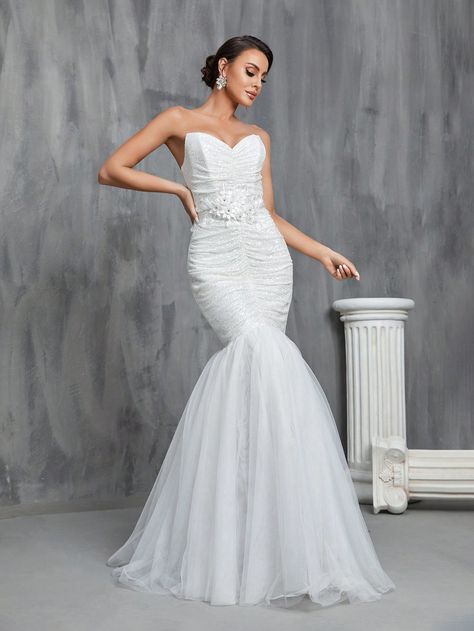 White  Collar Sleeveless Sequins Plain A Line Embellished Slight Stretch  Weddings & Events Glittery Wedding Dress, Glittery Wedding, Wedding Dresses For Kids, Wedding Dress Sequin, Sequin Wedding, Strapless Sweetheart Neckline, Mermaid Skirt, Mermaid Gown, Black Wedding Dresses