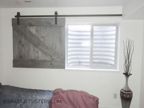 Barn Door Window Slider. This is so cool! Farmhouse Bathroom Window, Bathroom Window Coverings, Red Barn Door, Barn Door Window, Barn Door Installation, Interior Window Shutters, Interior Window, Inside Barn Doors, Basement Windows