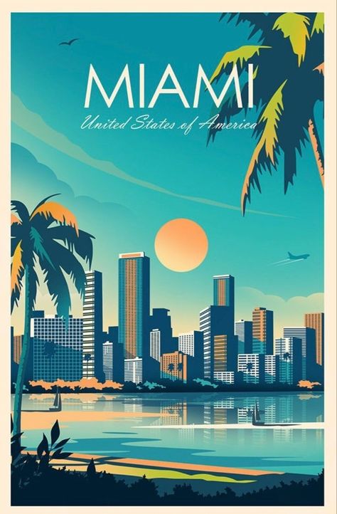 Florida Travel Poster, Miami Postcard, Miami Illustration, June Vibes, Miami Poster, Miami Posters, Vintage Style Poster, Miami Tattoo, Miami City