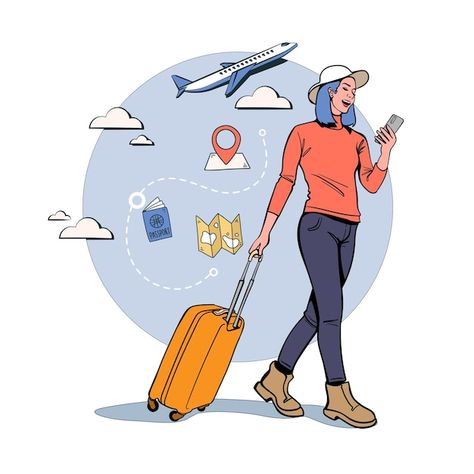 Vector illustration woman is planning a ... | Premium Vector #Freepik #vector #travel-illustration #traveling #travel #traveling-background Traveling Background, Tourism Illustration, Trip Illustration, Illustration Woman, Research Skills, Girl Thinking, Insta Post, Sketch Ideas, Travel Illustration