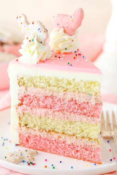 pink and white layers of vanilla cake, filled with a crushed up frosted animal cookie filling and covered in white chocolate buttercream! It’s so much like eating frosted animal cookies in cake form and I love it! Circus Animal Cookie Cake, Animal Cookie Cake, Circus Animal Cookie, A Slice Of Cake, White Chocolate Buttercream, Animal Cookie, Slice Of Cake, Torte Cupcake, Smooth Cake