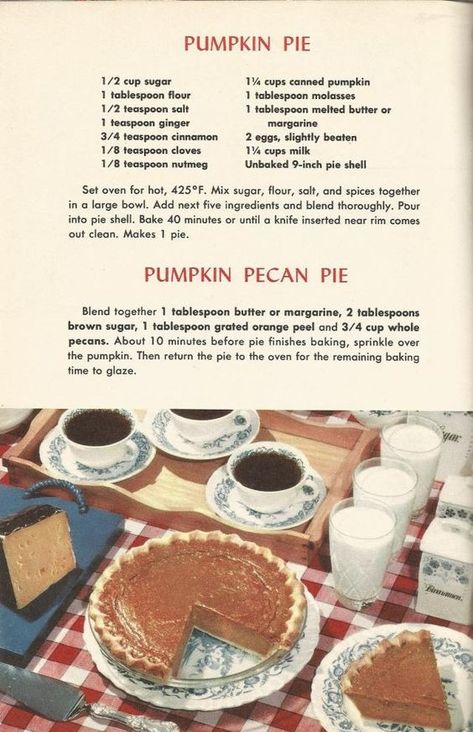 Vintage Recipes 1950s, 1950s Food, Pumpkin Pecan Pie, Vintage Baking, Vintage Dessert, Vintage Cooking, Fruity Desserts, Pumpkin Pecan, Retro Recipes