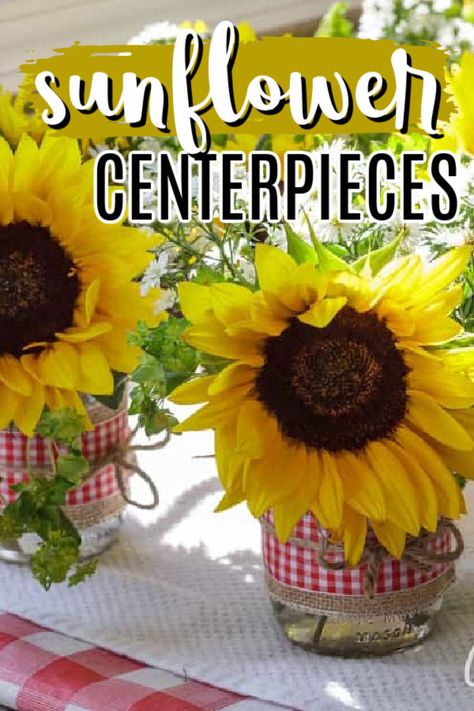 Mason jar centerpieces are perfect filled with fresh sunflowers. These pretty jars are decorated with a barbecue or country theme using burlap and gingham. #sunflowercenterpieces #rusticwedding #countrywedding #barbecueparty #bridalshower #masonjarcenterpieces #masonjar #masonjarcrafts #centerpieces #burlap #checkerboard #gingham #sunflowercenterpieces #sunflowersinjars #weddingcenterpieces #twine #sunflowers #craftsbyamanda Sunflower Arrangements In Mason Jars, Sunflower Centerpieces In Mason Jars, Sunflower Crafts For Adults Diy, Sunflower Mason Jar Centerpieces, Sunflower Centerpieces Diy, Pretty Jars, Sunflower Mason Jar, Lighting Wedding, Thanksgiving 2023