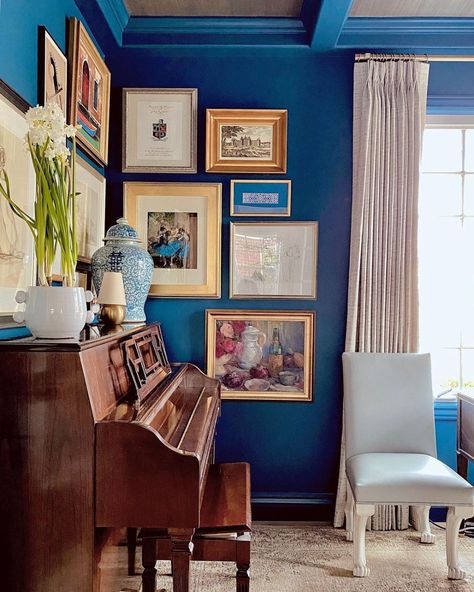 Alice Lane Interior Design on Instagram: “The perfect paint color to compliment this impressive art collection 👌 #alicelaneinteriordesign” Types Of Frames, Library Walls, Piano Room Decor, Blue Library, Corner Gallery Wall, Frame Placement, Utah Style, Piano Decor, Alice Lane