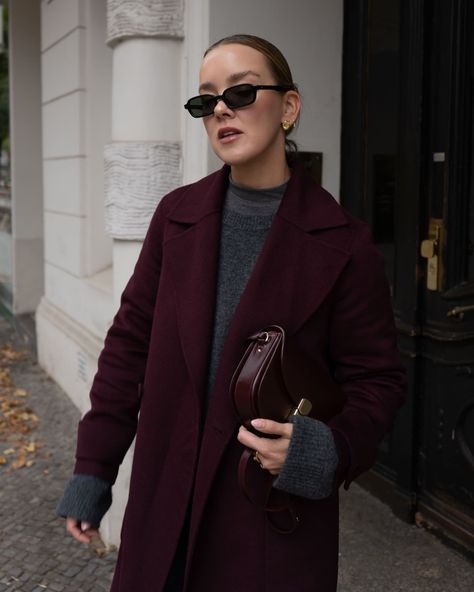 burgundy tight season is back 🍒🍷 Burgundy coat @josephfashion Grey knit @sezane Burgundy tights @calzedonia Bag @sezane #winterfashion #sezanelovers #burgundy , burgundy tights, red tights, weinrot, oxblood, sezane bag, winter outfit inspo, knitwear , grey knit , Burgundy Jumper Outfit, Burgundy Bag Outfit, Burgundy Coat Outfit, Burgundy Tights Outfit, Sezane Bag, Peacoat Outfit, Maroon Coat, Dark Green Coat, Burgundy Tights