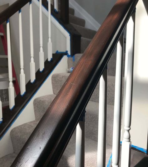 This is your super simple step by step guide to DIY your own java gel stain banister. Step 1: Add painter’s tape around all edges Gel Stain Banister, Stain Banister, Stained Staircase, Gel Stain Furniture, Stairway Makeover, Redo Stairs, Stair Railing Makeover, Diy Staircase Makeover, Diy Kitchen Cabinets Makeover