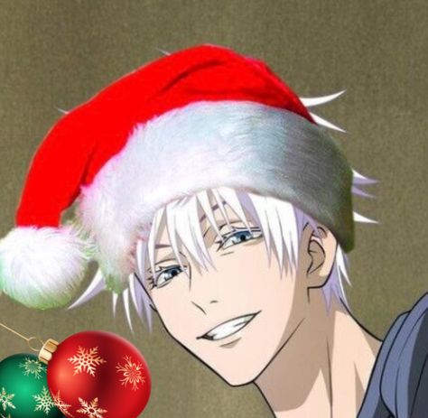 Satoru Gojo in his Santa hat (w/ Christmas balls) Christmas Gojo Satoru, Gojo Satoru Christmas Pfp, Gojo With Santa Hat, Gojo Satoru Christmas, Gojo Christmas Pfp, Gojo Christmas, Blushing Anime, Spiderman Room, Married Christmas