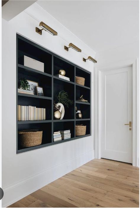 White Black Office, White Brick House, Black Bookshelves, Niche Shelves, Basement Office, Hearth Room, Beautiful Home Designs, Hallway Storage, Built In Bookcase