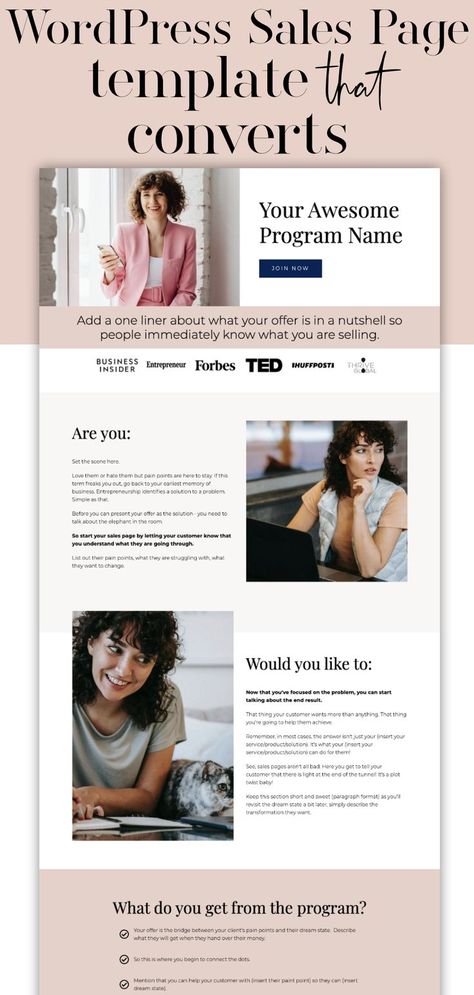 WordPress Sales Page Template Canva Sales Page Template, Coaching Sales Page, Course Sales Page Design, Sales Page Design Inspiration, Online Course Website Design, Course Website Design, Single Page Website Design, Sales Page Design, Sales Page Template