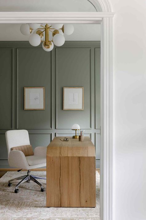 Biophilic Decor, Bright Home Office, Sage Green Paint Colors, Green Home Offices, Office Wall Colors, Sage Green Paint Color, Evergreen Fog, Green Wall Color, Office Paint Colors