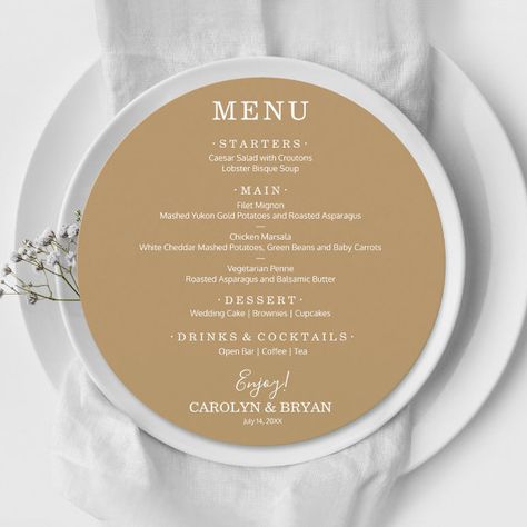 Simple Elegant Gold Round Wedding Dinner Menu Sit Down Dinner Menu Ideas, White Cheddar Mashed Potatoes, Dinner Menu Card, Simple Wedding Menu, Rehearsal Dinner Menu, Lobster Bisque Soup, Dinner Menu Ideas, Elegant Wedding Menu, Wedding Reception Menu