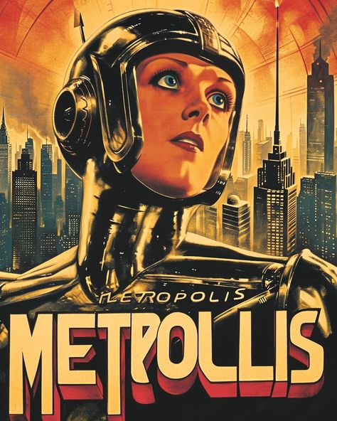 Metropolis with the robot Maria and the text "METROPOLIS", in the style of movie poster art, German Expressionism, UFA, [dark amber and cream], concretism, shiny eyes, muralist, mannerist, spectacular backdrops, timeless artistry --ar 4:5 --style raw --v 6.0 Metropolis Robot, Steampunk Movies, Metropolis 1927, Media Drawing, Shiny Eyes, German Expressionism, The Robot, Painting Inspo, Movie Poster Art