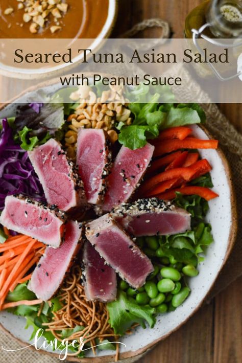 Crunchy Asian Seared Tuna Salad with Peanut Sauce is brimming with color, texture, and flavor. The tuna is like butter that melts in your mouth. Asian Dressing and Peanut sauce top this salad with yumminess. #ahituna #searedtuna #asiansalad #salads #saladentree #peanut-sauce Tuna Tataki Salad, Tuna Steak Salad, Asian Tuna, Asian Vinaigrette, Salad With Peanut Sauce, Seared Tuna Salad, Ahi Tuna Salad, Steak Salad Recipe, Veggie Diet