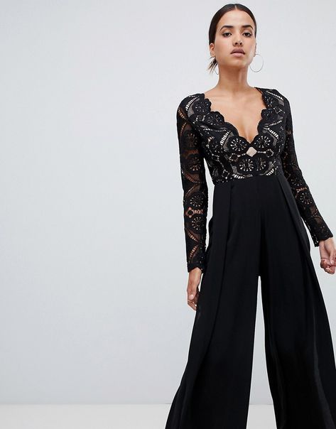 Love Triangle all over cut work lace top wide leg split jumpsuit in black 64.00 USD Lace Jumpsuit Wedding, Triangle Body Shape Outfits, Lace Top Jumpsuit, Womens Going Out Tops, Black Lace Jumpsuit, Asos Fashion, Cocktail Outfit, Love Triangle, Black Lace Top