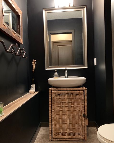 Black rustic half bath, ikea hack with chest. Cut out the back to add storage to pedestal sink.  “ luta “ Cabinet For Pedestal Sink, Rustic Half Bath, Pedistal Sink, Pedestal Sink Cabinet, Pedestal Bathroom Sink, Add Storage, Pedestal Sink, Sink Cabinet, Half Bath