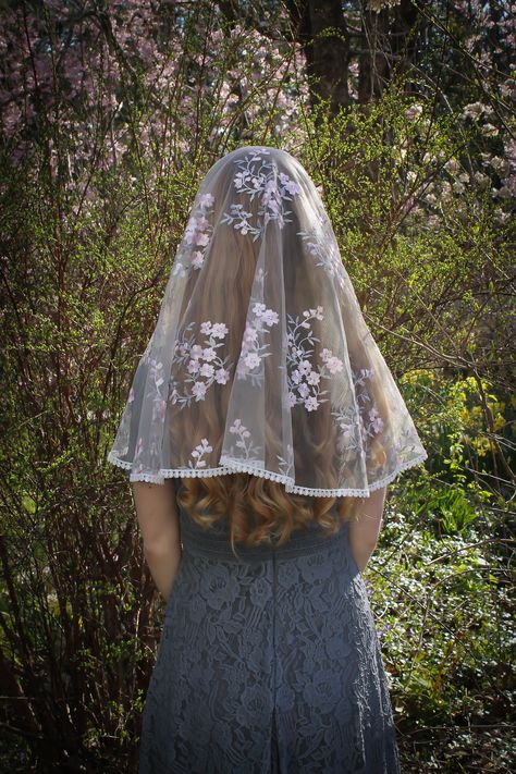 Evintage Veils~ READY TO SHIP Our Lady of the Rosary Joyful Mysteries Rose/Gray Vintage Inspired Lace Chapel Veil D Shape Mass Outfit, Joyful Mysteries, Christian Veils, Chapel Veils, Lady Of The Rosary, Our Lady Of The Rosary, Catholic Veil, Mantilla Veil, Church Fits