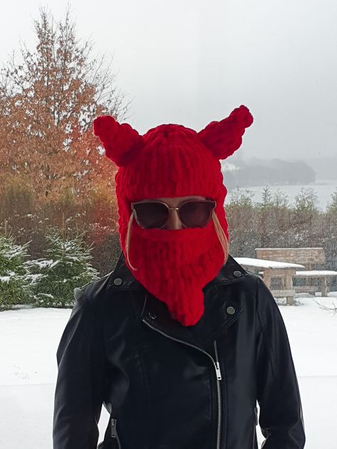 Balaclava Devil Horns Hat, Animal Face Mask, Knitted Ski Mask, Crochet Winter Hat, Festival Head Piece, Cartoon Bull Hat, Festival Outfit Hat Festival Outfit, Ski Mask Crochet, Knitted Ski Mask, Cartoon Bull, Devil Inspired, Mask Crochet, Crochet Winter Hat, Animal Face Mask, Crochet Winter Hats