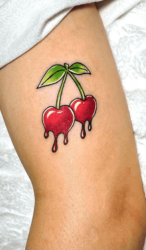 Cherry Tattoo Designs Ideas, Dripping Cherry Tattoo, Cherry Vine Tattoo, Cherry Tattoo On Bum For Women, Tattoo Ideas Strawberry, Juicy Tattoo, Cute Strawberry Tattoo, Strawberry Tattoo Design, Cherry Tattoo Design