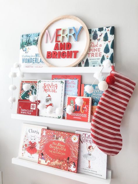 Holiday Bookshelves, Christmas Bookshelf, Ledge Shelves, Book Ledge, White Shelf, Bookshelves Kids, Christmas Inspo, Merry Little Christmas, Christmas Books