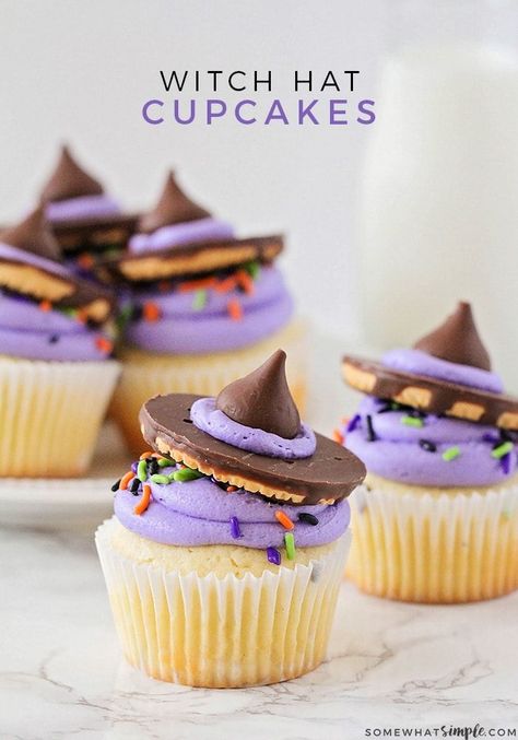 Oct 5, 2019 - Witch hat cupcakes are a perfect treat for a Halloween party. Made using cookies and a Hershey's kiss, they are adorable and taste great! Which Hat Cupcakes, Halloween Witch Food, Simple Halloween Cupcakes, Witch Desserts, Witch Hat Cupcakes, Purple Frosting, Halloween Muffins, Halloween Party Desserts, Halloween Backen