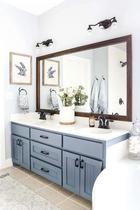 Relaxing Bathroom, Modern Hippie, Modern Farmhouse Bathroom, Blue Cabinets, Trendy Bathroom, Farmhouse Bathroom Decor, Trendy Collection, Bathroom Remodel Master, Double Sink