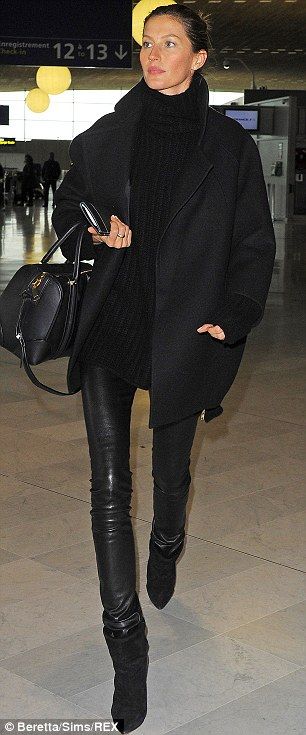 Stylish: Gisele could've been on the runway as she stalked Charles De Gaulle airport Fall Leather, Woman In Black, Moncler Jacket, Gisele Bündchen, Black Leather Pants, Gisele Bundchen, Vogue Australia, Looks Black, All Black Outfit