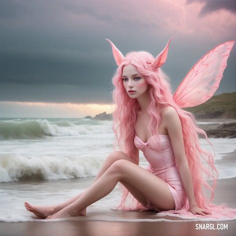 Nymph with pink hair and a pink dress on the beach with a pink fairy costume on. Light, Nymph. Cool monstrous creatures. Follow us and visit our site for more amazing content! #dress #digitalart #creative #spooky #costume #weird #style #halloween #horror #mythical #art #artwork #scifi #graphic #pink Mythical Creature Costume Ideas, Nymph Halloween Costumes, Pink Fantasy Costume For Costume Party, Whimsical Pink Costume Dress, Mythical Creatures Costumes, Pink Fantasy Cosplay Costume For Halloween, Pink Fairy Costume, Pink Mythical Creature, Mythical Art