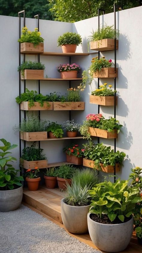 Balcony Shelves For Plants, Small Garden Planters, Corner Planters Outdoor, Garden Shelves Outdoor, Very Small Garden Ideas Simple, Balcony Plants Ideas Small Spaces, Small Simple Garden, Small Corner Garden Ideas, Ideas Jardines Pequeños