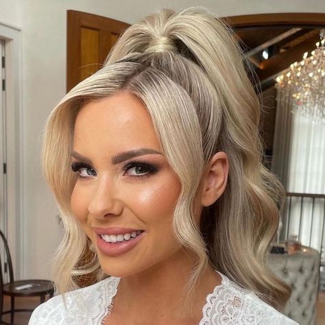 Hollywood Half Up Half Down Hair, Half Up Glam Waves, Half Up Half Down Hollywood Waves, Half Up High Pony, Hollywood Waves Half Up Half Down, Womens Updo Hairstyles, Bridesmaid Pony, Hair Photo Shoot, Party Hair And Makeup