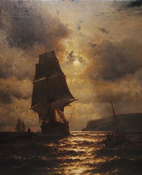 Moonlight Clipper Ship and Boats off the Coast of Long Island (Mauritz de Haas) Pirate Art Aesthetic, Seafaring Aesthetic, Ship Painting Acrylic, Long Canvas Painting, Navi A Vela, Old Sailing Ships, Arte Indie, Clipper Ship, Maritime Art