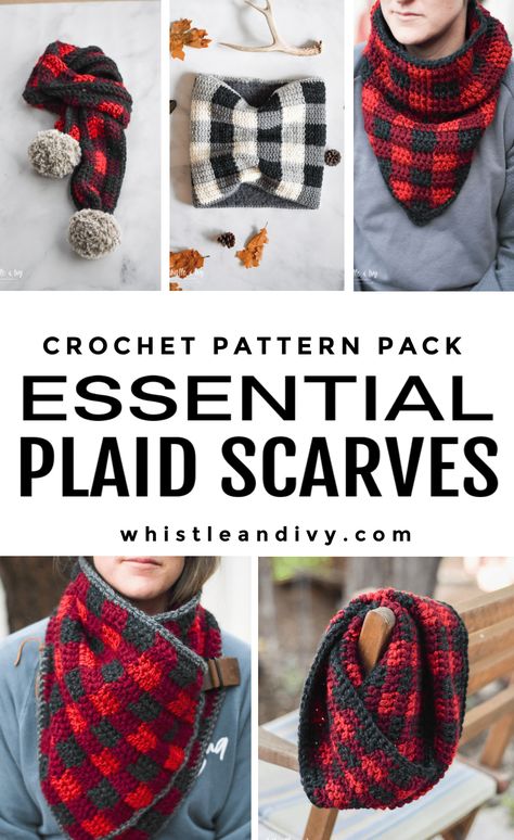 Buffalo Plaid Crochet Neckwear Collection - Stay warm and cozy in style - Five different ways! - Whistle and Ivy Crochet Buffalo Plaid Scarf, Crochet Buffalo Plaid Blanket, Buffalo Plaid Crochet, Crochet Buffalo, Crochet Woodland, Buffalo Plaid Blanket, Buffalo Plaid Scarf, Crochet Triangle Scarf, Plaid Crochet