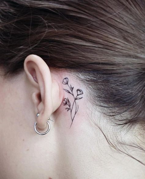 Flower Tattoo Ear, Small Tattoo Ideas For Men, Flower Neck Tattoo, Widow Tattoo, Finger Tattoos Words, Violet Flower Tattoos, Black Widow Tattoo, Violet Tattoo, Behind The Ear Tattoo