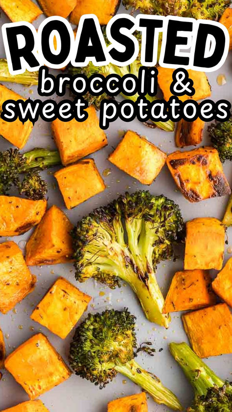 Easy Roasted Broccoli and Sweet Potatoes is the perfect easy roasted veggies recipe. This works well as a side dish or as part of your weekly meal prep. You can adjust the seasonings on these roasted vegetables to suit your family's taste preferences. Air Fryer Broccoli And Sweet Potatoes, Roasted Sweet Potatoes And Brussel, Broccoli Sweet Potato Recipes, Roasted Broccoli And Potatoes, Broccoli And Potatoes Roasted, Roasted Broccoli And Sweet Potatoes, Roasted Sweet Potatoes And Broccoli, Sweet Potato And Broccoli Roasted, Baked Sweet Potato And Broccoli