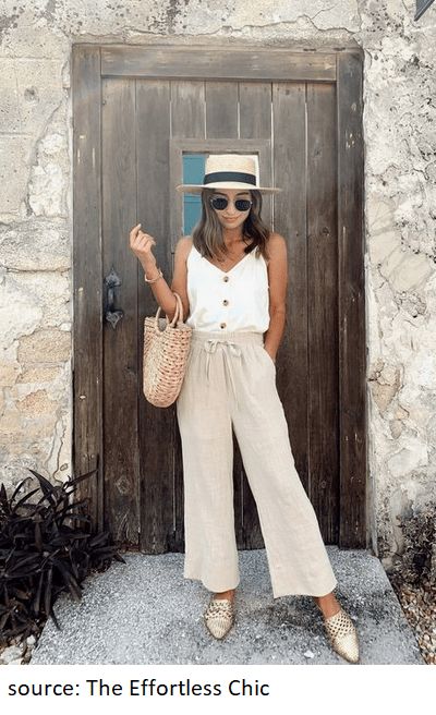 Linen Cullote Pants Outfit, Linen Pant Summer Outfit, White Linen Culottes Outfit, Flare Linen Pants Outfit, Beige Outfits For Women Summer, Linen Crop Pants Outfits, Classic Linen Outfits, Beige Linen Trousers Outfit Summer, Crop Linen Pants Outfit