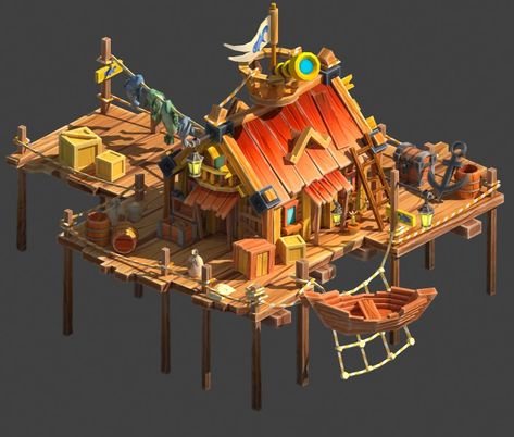 Fishing Villages Concept Art, Fishing Town Concept Art, Minecraft Pirate Cove, Pirate Village, Top Down Game, Pirate Room, Port Town, Planet Coaster, Fishing Dock