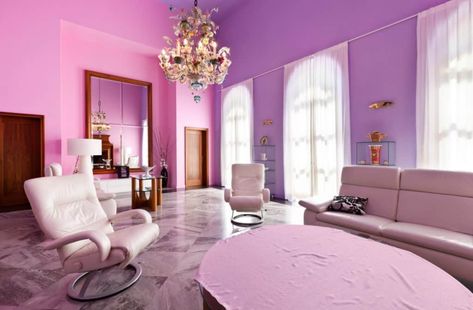 27 Awesome Pink Living Room Ideas - Home Decor Bliss Purple Bedroom Walls, Purple Wall Paint, Interesting Living Room, Living Room Color Combination, Dreamy Living Room, Pretty Living Room, Purple Living Room, Room Color Combination, Living Room Wall Color