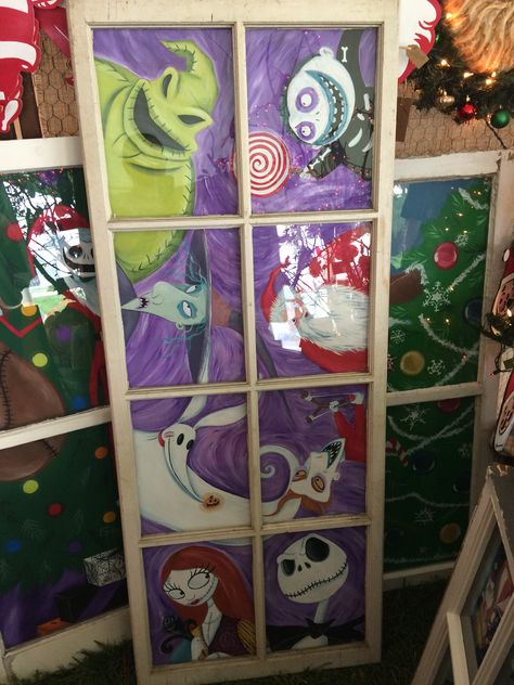 Nightmare before Christmas window Old Window Painting Ideas Christmas, Nightmare Before Christmas Window Art, Nightmare Before Christmas Window, Halloween Window Painting Ideas, Nightmare Before Christmas Painting, Halloween Mural, Halloween Windows, Christmas Decor Diy Cheap, Window Paintings