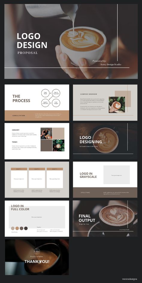 Coffee Shop Logo Design Proposal Powerpoint Cafe Showroom, Logo Design Presentation, Coffee Presentation, Coffee Shop Logo Design, Coffee Shop Business, Branding Portfolio, Presentation Design Layout, Cafe Branding, Design Proposal