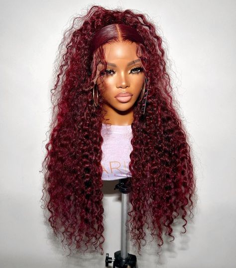 Burgundy Deep Wave, Custom Color Wigs, Weave Ponytail Hairstyles, Birthday Hairstyles, Birthday Hair, Pretty Braided Hairstyles, Dope Hairstyles, Hair Collection, Front Lace Wigs Human Hair