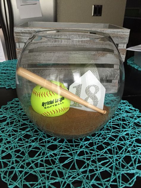 Softball inspired fishbowl...personalize with your favorite players number!! Softball Banquet Decorations, Softball Table Centerpieces, Softball Centerpieces Banquet, Softball Graduation Party Ideas, Softball Centerpieces Table Decorations, Softball Banquet Ideas Table Decorations, Senior Table Ideas Sports, Softball Banquet Ideas, Softball Centerpieces