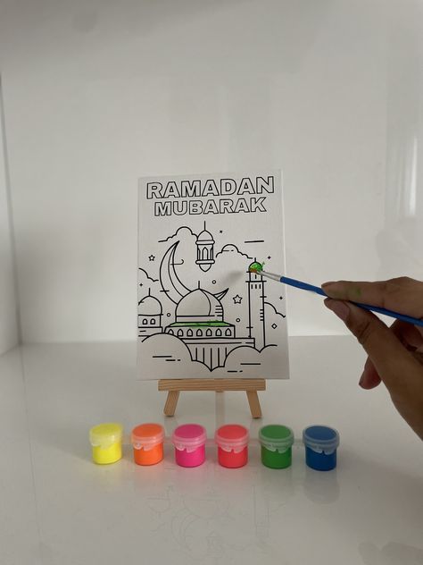 This canvas 'Ramadan Mubarak' painting set would make the perfect gift, or a great addition to a Ramadan activity table for the children!  Canvas also comes with an easel so you can frame your child's masterpiece one it is complete!  Included:  Canvas with 'Ramadan Mubarak' Silhouette   6 pot painting strip (colours may vary)  Paint brush Easel Ramadan Paintings, Ramadan Activity, Ramadan Kids, Ramadan Decor, Ramadan Activities, Pot Painting, Activity Table, Ramadan Gifts, Painting Set