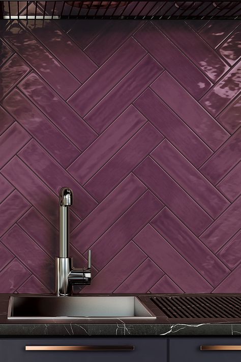 Burgundy Walls, Half Bathroom Decor, Purple Tile, Purple Kitchen, Purple Bathrooms, Polish Ceramics, Shower Niche, Bathroom Shower Tile, Rich Burgundy