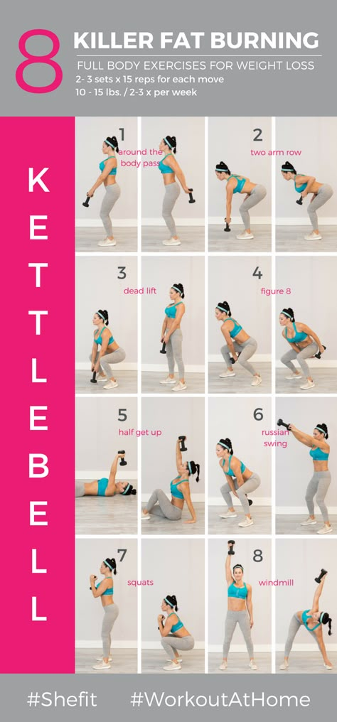 If you’re going to purchase any piece of equipment for your at home workout space, a kettlebell or 2 should be at the top of your list. An effective #kettlebell #workout gives you a great full body workout, from tighter abs to toned arms & glutes. Kettlebell exercises not only tighten and tone your body, they also help you burn a ton of calories at the same time, making them a great choice for #WeightLoss -  Try the 8 exercises from #Shefit high impact sports bra to get you started. Abs Kettlebell, Kettlebell Arms, Kettlebell Workouts For Women, Kettlebell Abs, Kettlebell Exercises, Full Body Workouts, Kettlebell Training, Workout Space, Workout Plans