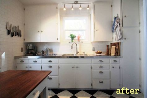 Before & After: An Updated 1940’s Kitchen | Apartment Therapy 1940 Kitchen, Countertop Redo, Steel Countertops, Diy Kitchen Shelves, 1940s Kitchen, Replacing Kitchen Countertops, Kitchen Remodel Countertops, Cheap Bathroom Remodel, Diy Kitchen Table